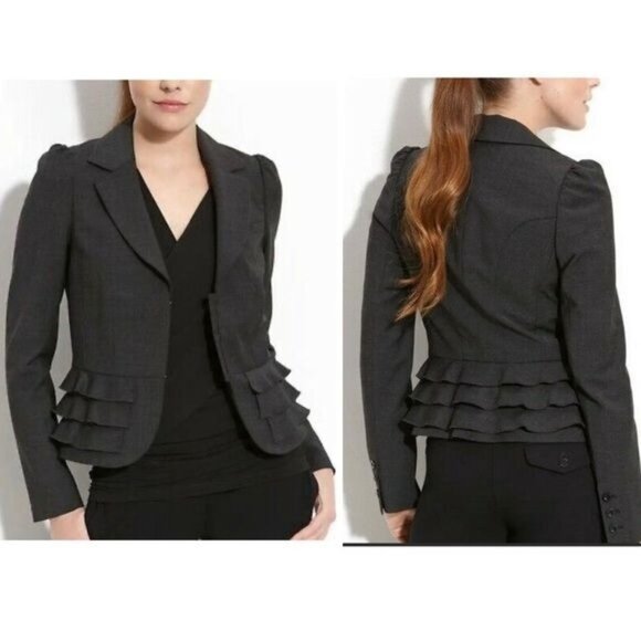 Rebecca Taylor Peplum blazer Tiered Ruffle wool blend Gray melange color 6 - Picture 1 of 10